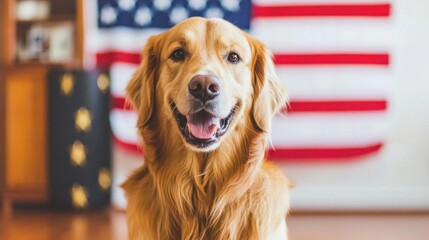 A golden retriever dog sitting in front of an American flag.