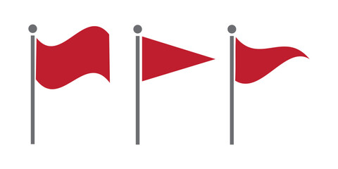 Set of eight red flag icons with various shapes. Flat style design isolated on white background.