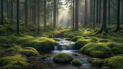 Misty forest stream