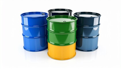 Five colorful industrial barrels grouped together on white