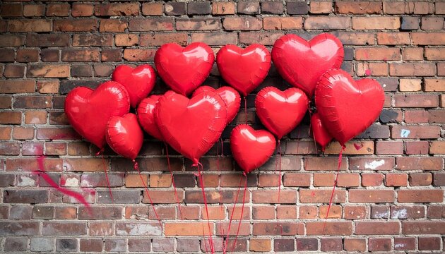 Cluster of red heart balloons floating against rustic brick wall