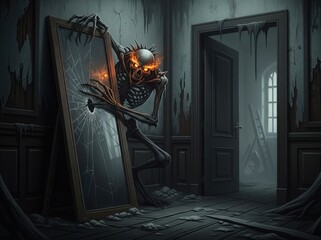 Dark Hallway Hosts Skeletal Monster With Burning Eyes Behind Broken Mirror, Dragging Claws Along Wood as It Waits in Shadows