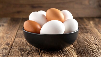Black ceramic bowl with a mix of brown and white eggs on rustic wooden surface