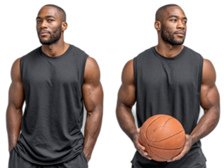 Strong Physique and Basketball: A striking athletic man, captured in a studio setting, showcases his muscular physique in a sleeveless shirt, alternatively posing with a basketball.