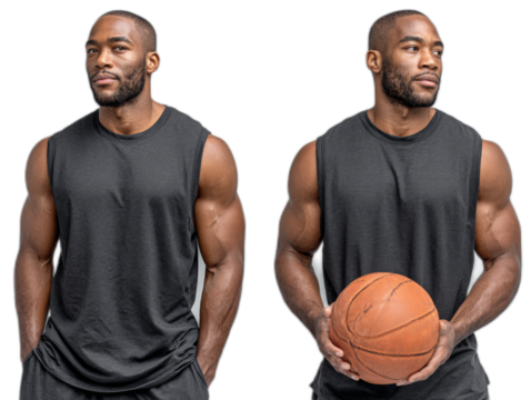 Strong Physique and Basketball: A striking athletic man, captured in a studio setting, showcases his muscular physique in a sleeveless shirt, alternatively posing with a basketball.