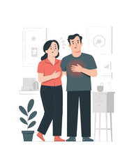 Couple Experiencing Heart Pain, Heartburn, or Panic Attack Illustration, Medical Concern Concept