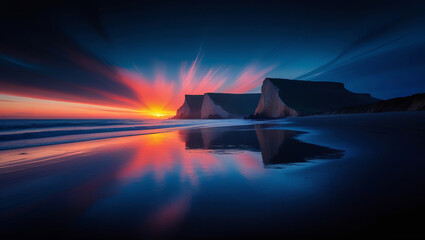 Capture a breathtaking sunset over a tranquil beach setting.