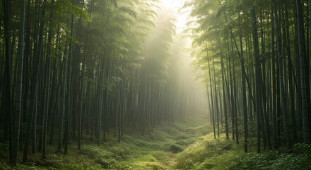 Fototapeta premium Serene Bamboo Forest Path Misty Morning Sunlight Through Tall Trees