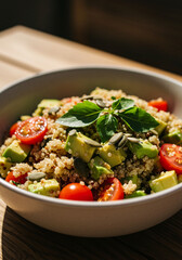 Close-Up of Colorful Quinoa Salad Bowl with Fresh Herbs and Avocado