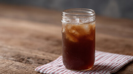 Cold brew coffee in mason jar on striped picnic mat