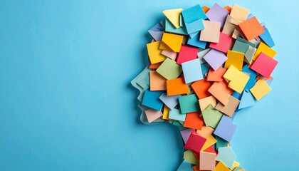 Silhouette of a human head filled with vibrant sticky notes against a blue background