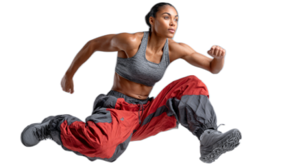 Dynamic Momentum: A powerful portrait captures a determined woman in mid-air, showcasing her athleticism. Evoking strength, agility, and perseverance.
