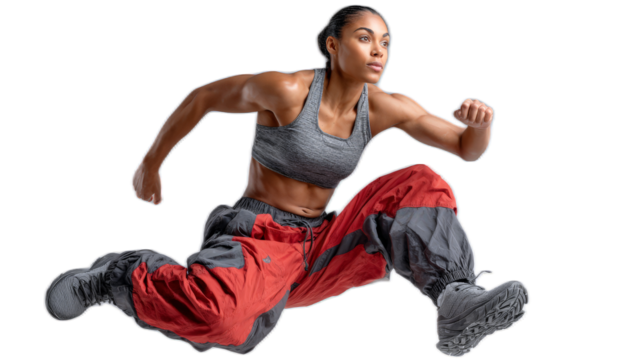 Dynamic Momentum: A powerful portrait captures a determined woman in mid-air, showcasing her athleticism. Evoking strength, agility, and perseverance.