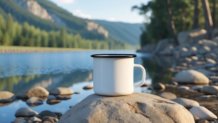 White campfire enamel mug mockup with blue river