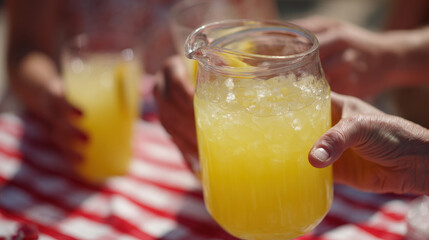 Group of friends passing lemonade jug on checkered tablecloth