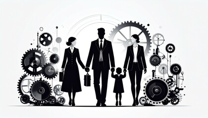 The monochromatic illustration depicts a family of four, with the parents holding hands with their child, surrounded by intricate gears and mechanical elements in the