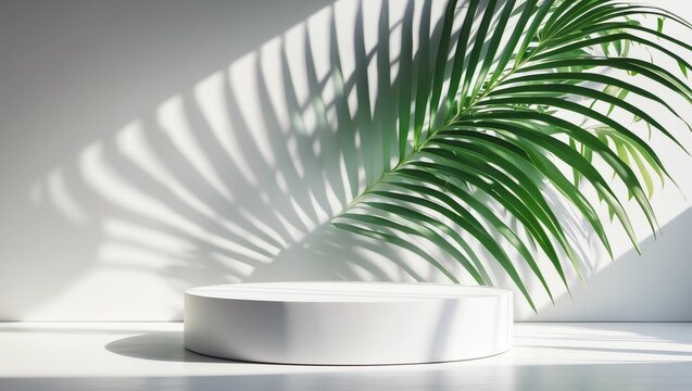 White product display podium with nature leaves. 3D rendering