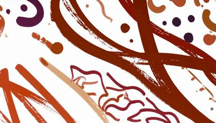 The image shows an abstract pattern on a white backdrop, featuring bold brushstrokes and dot patterns in shades of brown, orange, and plum, creating a playful and artistic