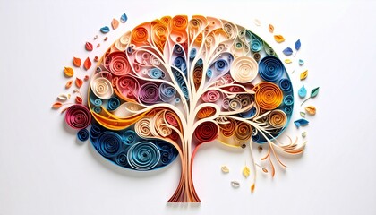 A vibrant, uniquely designed tree crafted from colorful paper quilling stands against a stark white background, showcasing shades of blue, orange, and