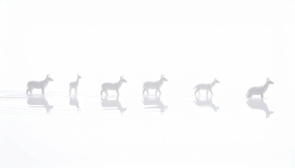 In a minimalist scene, six white deer figurines stand in a line on a reflective surface, creating a stark contrast against a pure white background, emphasizing their