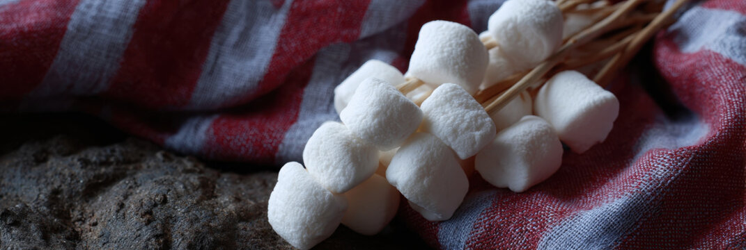 Marshmallows on sticks ready for roasting beside firepit