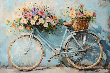 a painting of a bicycle with a basket of flowers