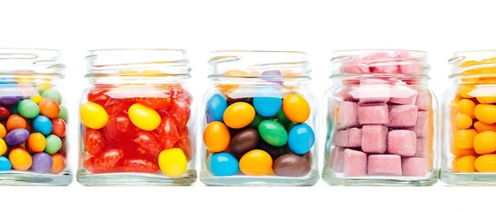 Assorted colorful candies in glass jars
