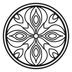 Abstract Floral Mandala: Intricate Circular Design with Stylized Petals and Geometric Symmetry, Line Art Black and White Illustration, Vector Decorative Element
