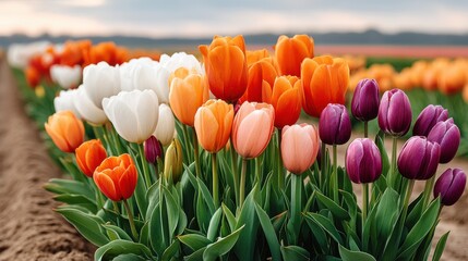 Colorful tulip field under a bright cloudy sky during springtime