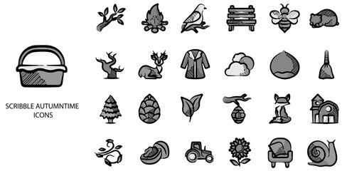 Scribble Autumntime simple concept 24 hand drawn grew color icons set .Vector illustration.