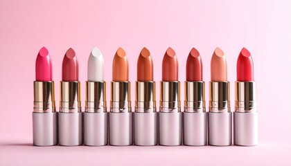Obraz premium A lineup of ten elegant lipsticks in varying shades from pink to red, showcased against a soft pink backdrop