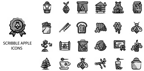 Scribble Apple simple concept 24 hand drawn grew color icons set .Vector illustration.