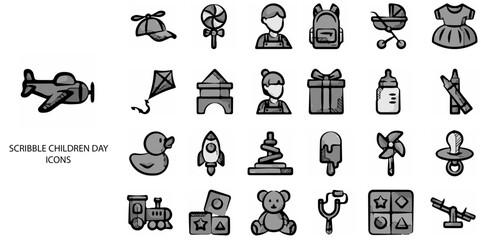 Scribble Children Day simple concept 24 hand drawn grew color icons set .Vector illustration.