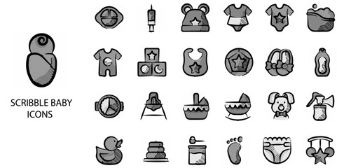 Scribble Baby simple concept 24 hand drawn grew  color icons set .Vector illustration.