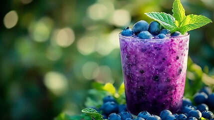 A chilled blueberry mint lemonade, with blueberries and mint leaves, in a vibrant garden setting with empty space for text
