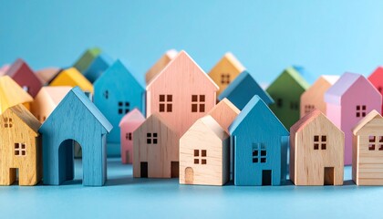 Row of small, colorful wooden houses with simple windows and doors