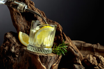 Cocktail gin and tonic with lemon slices and sprig of rosemary.