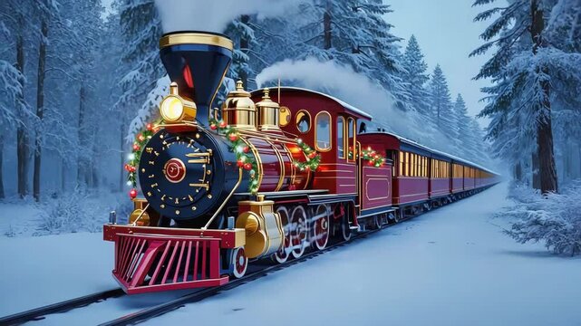 Christmas decorated train traveling through snowy forest landscape. Vintage winter locomotive. Christmas journey concept. Festive holiday scene - Powered by Adobe