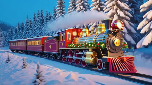 Christmas decorated train traveling through snowy forest landscape. Vintage winter locomotive. Christmas journey concept. Festive holiday scene