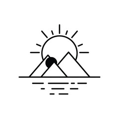 Minimalist sun setting behind mountains and lake