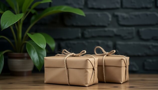 Wrapped gifts present boxes brown paper twine string plant decoration