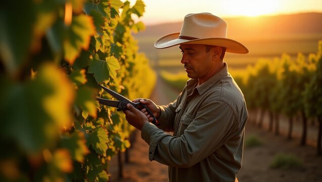 man in a field, farmer in field,  man working on the fruited , farmer in field,  man cutting a vegetable, Vineyard WorkerMexican laborer pruning grapevines