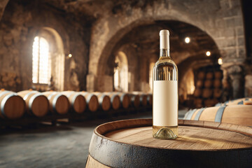 A bottle of white wine is sitting on a wooden barrel in a room filled with barrels. The room has a rustic, old-world feel to it, and the wine bottle seems to be the centerpiece of the scene