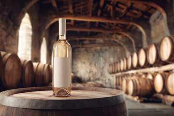A bottle of wine is on a wooden barrel in a wine cellar. The cellar is filled with barrels of wine, and the bottle is the only one that is not filled