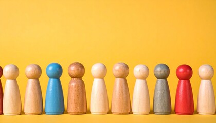 Row of diverse wooden figurines in muted tones on a yellow background