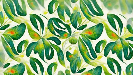 On playback animating botanical pattern zooming on canvas, with green leaves and orange accents - Powered by Adobe