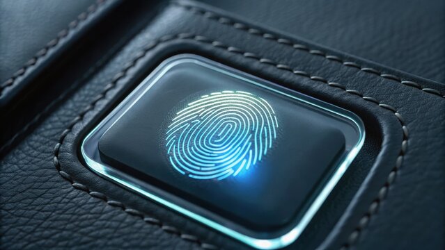 Close-up of a fingerprint scanner embedded in a sleek black surface, illuminated by a soft blue light.