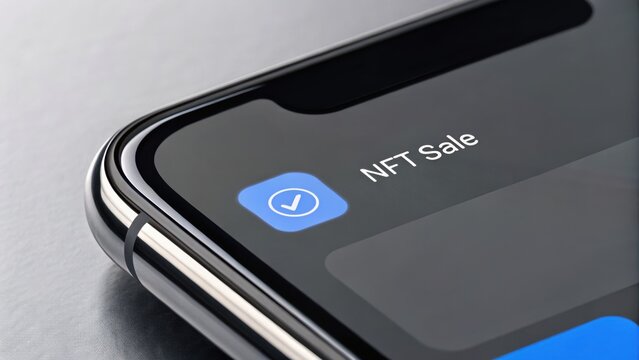 Close-up of a smartphone screen displaying an NFT sale notification with a checkmark icon.