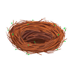Bird's nest made of twigs painted with acrylic on a white background. Nesting. A watercolor style perfect for spring themes, nature-inspired projects, wildlife drawings, and eco-friendly visuals.