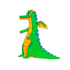 A full-length green dragon on a white background. Watercolor illustration of a fantastic beast, from a fairy tale and legend. Perfect for children's books, educational materials, fun design projects.